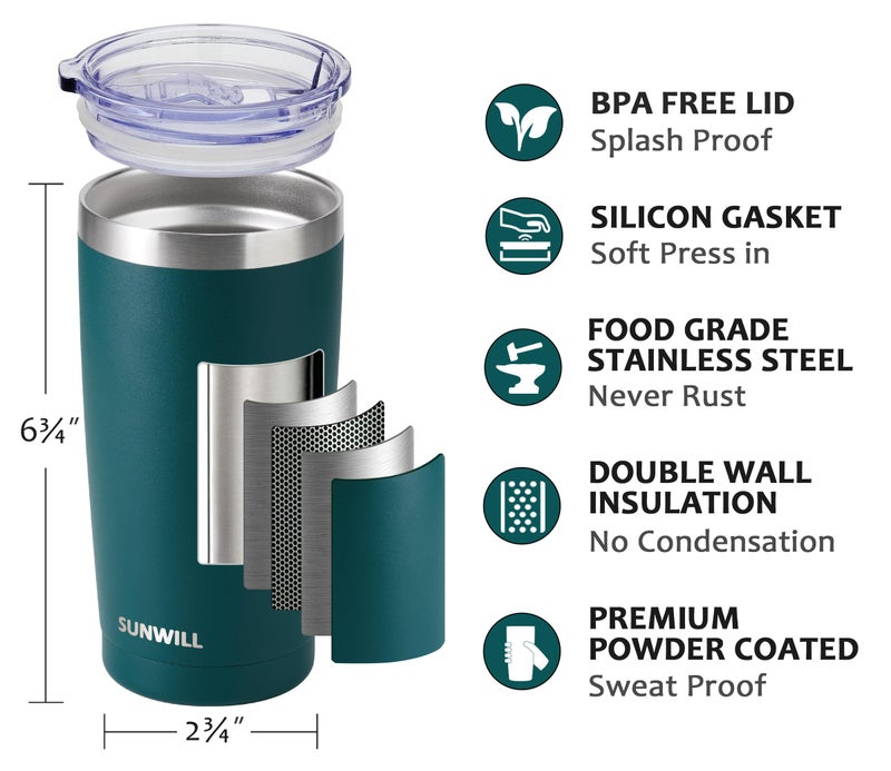 SUNWILL Travel Coffee Tumbler 20 oz, Insulated Mug with Lid, Stainless Steel Cup for Outdoor, Powder Coated Dark Green - Image 2